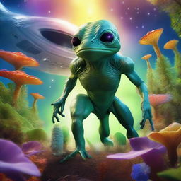 A hyperrealistic image of an alien creature that resembles an amphibian, from Earth's tropics, standing among vibrantly colored, extraterrestrial plants, and looking curiously at a spaceship descending from the alien sky.