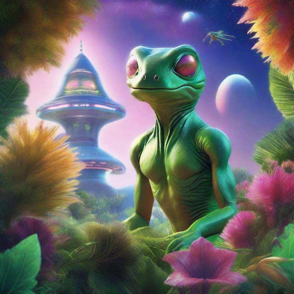 A hyperrealistic image of an alien creature that resembles an amphibian, from Earth's tropics, standing among vibrantly colored, extraterrestrial plants, and looking curiously at a spaceship descending from the alien sky.