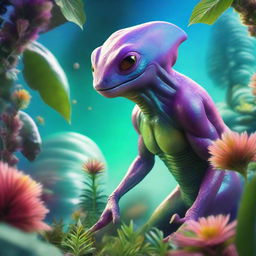 A hyperrealistic image of an alien creature that resembles an amphibian, from Earth's tropics, standing among vibrantly colored, extraterrestrial plants, and looking curiously at a spaceship descending from the alien sky.