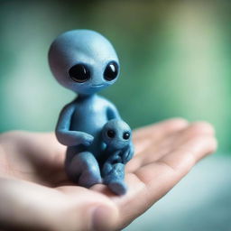 A heartwarming scene depicting a miniature extraterrestrial creature, curious and gentle, cradled in the large yet comforting hand of a human.