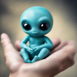 A heartwarming scene depicting a miniature extraterrestrial creature, curious and gentle, cradled in the large yet comforting hand of a human.