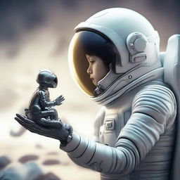 Portray a touching moment as a human astronaut in a futuristic spacesuit ever so gently holds a small, surreal-looking alien creature in the palm of their hand.