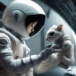 Portray a touching moment as a human astronaut in a futuristic spacesuit ever so gently holds a small, surreal-looking alien creature in the palm of their hand.