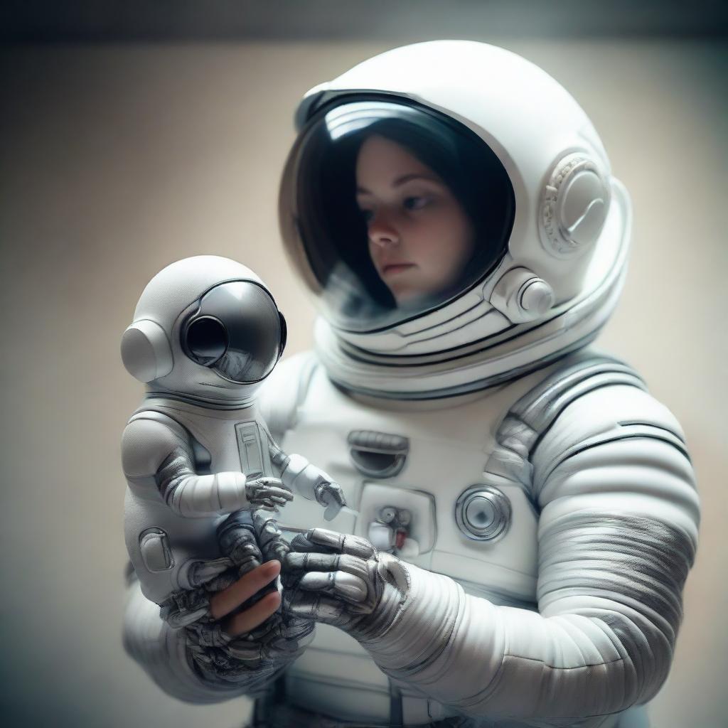 Portray a touching moment as a human astronaut in a futuristic spacesuit ever so gently holds a small, surreal-looking alien creature in the palm of their hand.