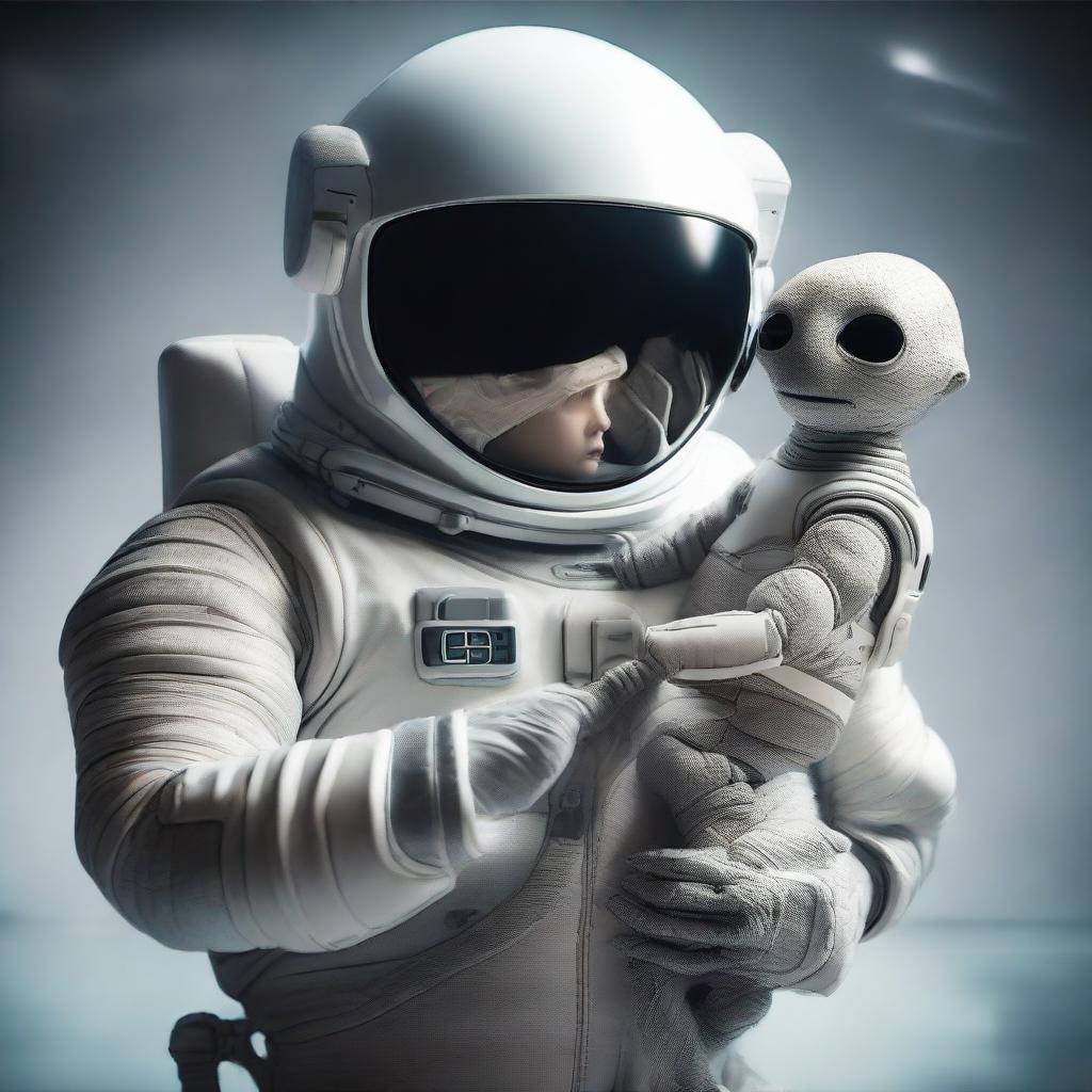 Portray a touching moment as a human astronaut in a futuristic spacesuit ever so gently holds a small, surreal-looking alien creature in the palm of their hand.