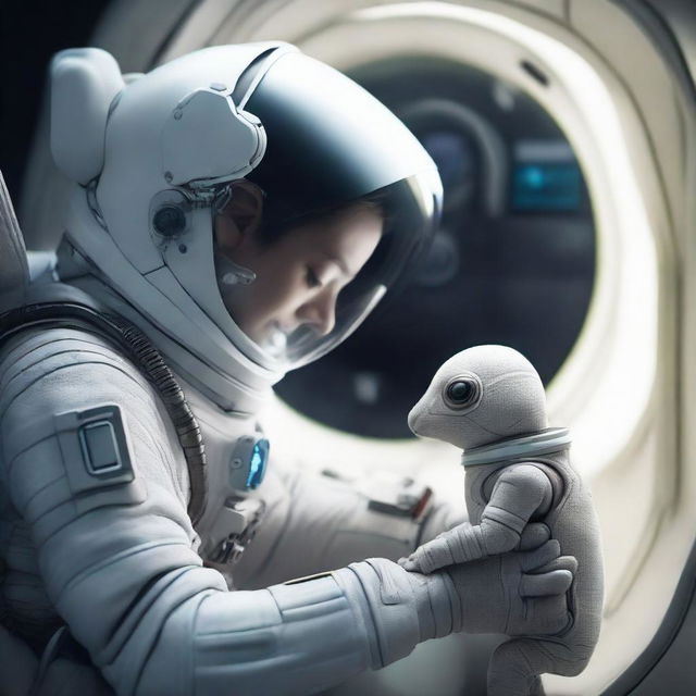 Inside a high-tech spaceship, a human astronaut wearing a stylish, advanced spacesuit cradles a tiny, delicate alien creature in their hand, displaying a universal act of compassion and curiosity.