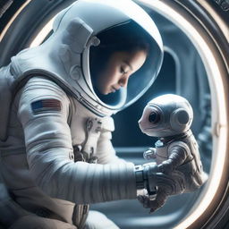 Inside a high-tech spaceship, a human astronaut wearing a stylish, advanced spacesuit cradles a tiny, delicate alien creature in their hand, displaying a universal act of compassion and curiosity.