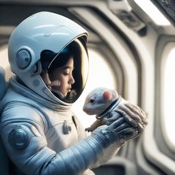 Inside a high-tech spaceship, a human astronaut wearing a stylish, advanced spacesuit cradles a tiny, delicate alien creature in their hand, displaying a universal act of compassion and curiosity.