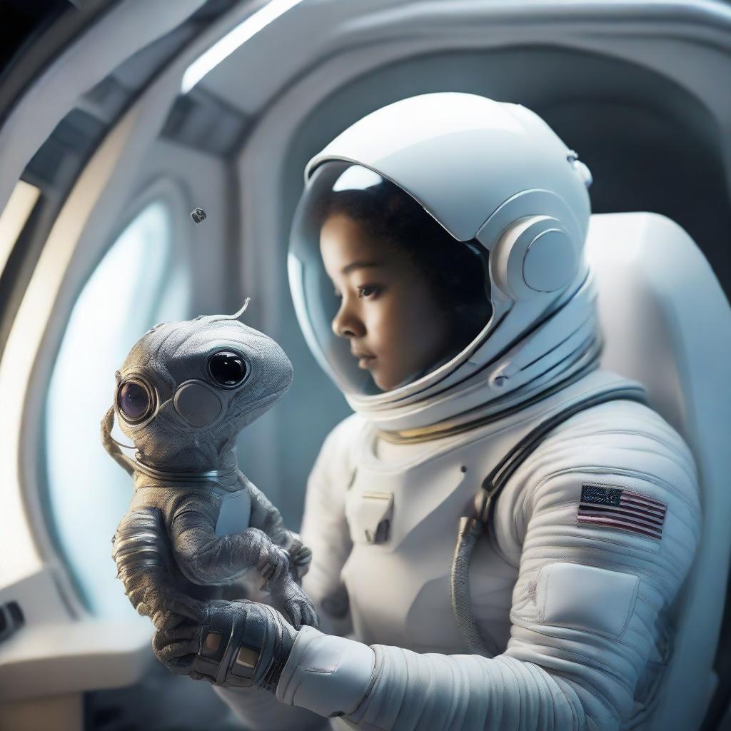 Inside a high-tech spaceship, a human astronaut wearing a stylish, advanced spacesuit cradles a tiny, delicate alien creature in their hand, displaying a universal act of compassion and curiosity.