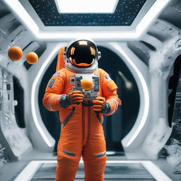 Inside a luminous spaceship, an adult astronaut in a sleek spacesuit gently holds a small, ripe orange in their hand, the vibrant color standing out against the high-tech backdrop.