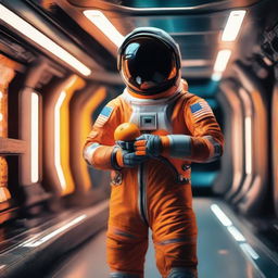 Inside a luminous spaceship, an adult astronaut in a sleek spacesuit gently holds a small, ripe orange in their hand, the vibrant color standing out against the high-tech backdrop.