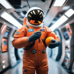 Inside a luminous spaceship, an adult astronaut in a sleek spacesuit gently holds a small, ripe orange in their hand, the vibrant color standing out against the high-tech backdrop.