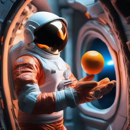 Inside a luminous spaceship, an adult astronaut in a sleek spacesuit gently holds a small, ripe orange in their hand, the vibrant color standing out against the high-tech backdrop.