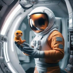 A human astronaut in a modern spacesuit standing inside a high-tech spaceship, tenderly holding a curious, small orange alien creature in the expansive palm of their hand.