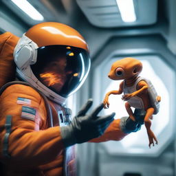 A human astronaut in a modern spacesuit standing inside a high-tech spaceship, tenderly holding a curious, small orange alien creature in the expansive palm of their hand.