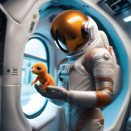 A human astronaut in a modern spacesuit standing inside a high-tech spaceship, tenderly holding a curious, small orange alien creature in the expansive palm of their hand.