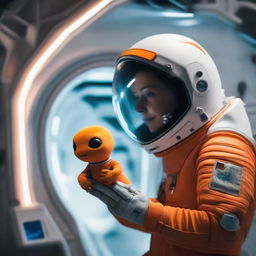 A human astronaut in a modern spacesuit standing inside a high-tech spaceship, tenderly holding a curious, small orange alien creature in the expansive palm of their hand.