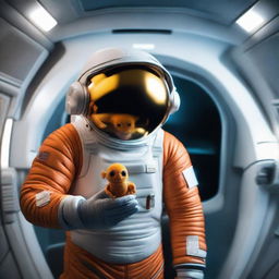 A human astronaut in a modern spacesuit standing inside a high-tech spaceship, tenderly holding a curious, small orange alien creature in the expansive palm of their hand.