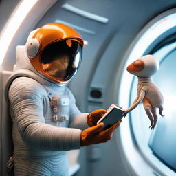 A human astronaut in a modern spacesuit standing inside a high-tech spaceship, tenderly holding a curious, small orange alien creature in the expansive palm of their hand.