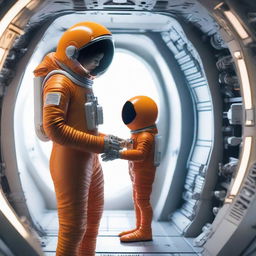 A human astronaut in a modern spacesuit standing inside a high-tech spaceship, tenderly holding a curious, small orange alien creature in the expansive palm of their hand.