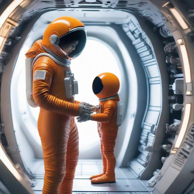 A human astronaut in a modern spacesuit standing inside a high-tech spaceship, tenderly holding a curious, small orange alien creature in the expansive palm of their hand.