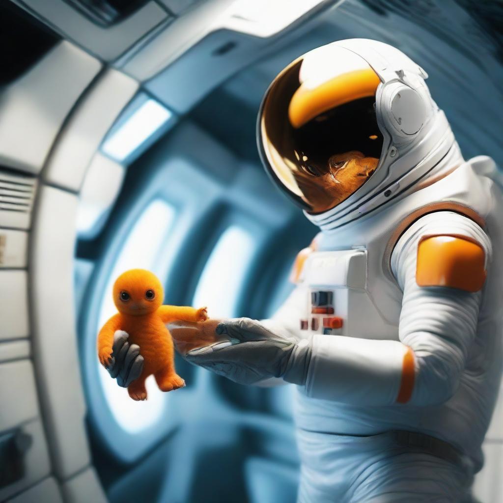 A human astronaut in a modern spacesuit standing inside a high-tech spaceship, tenderly holding a curious, small orange alien creature in the expansive palm of their hand.