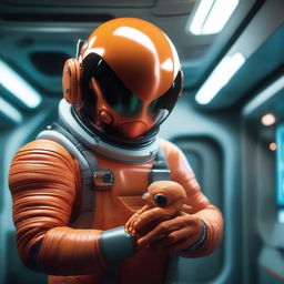 In the interior of a futuristic spaceship, an adult human astronaut in a space-age suit gracefully cradles a miniature, orange alien creature in the palm of their sturdy hand.