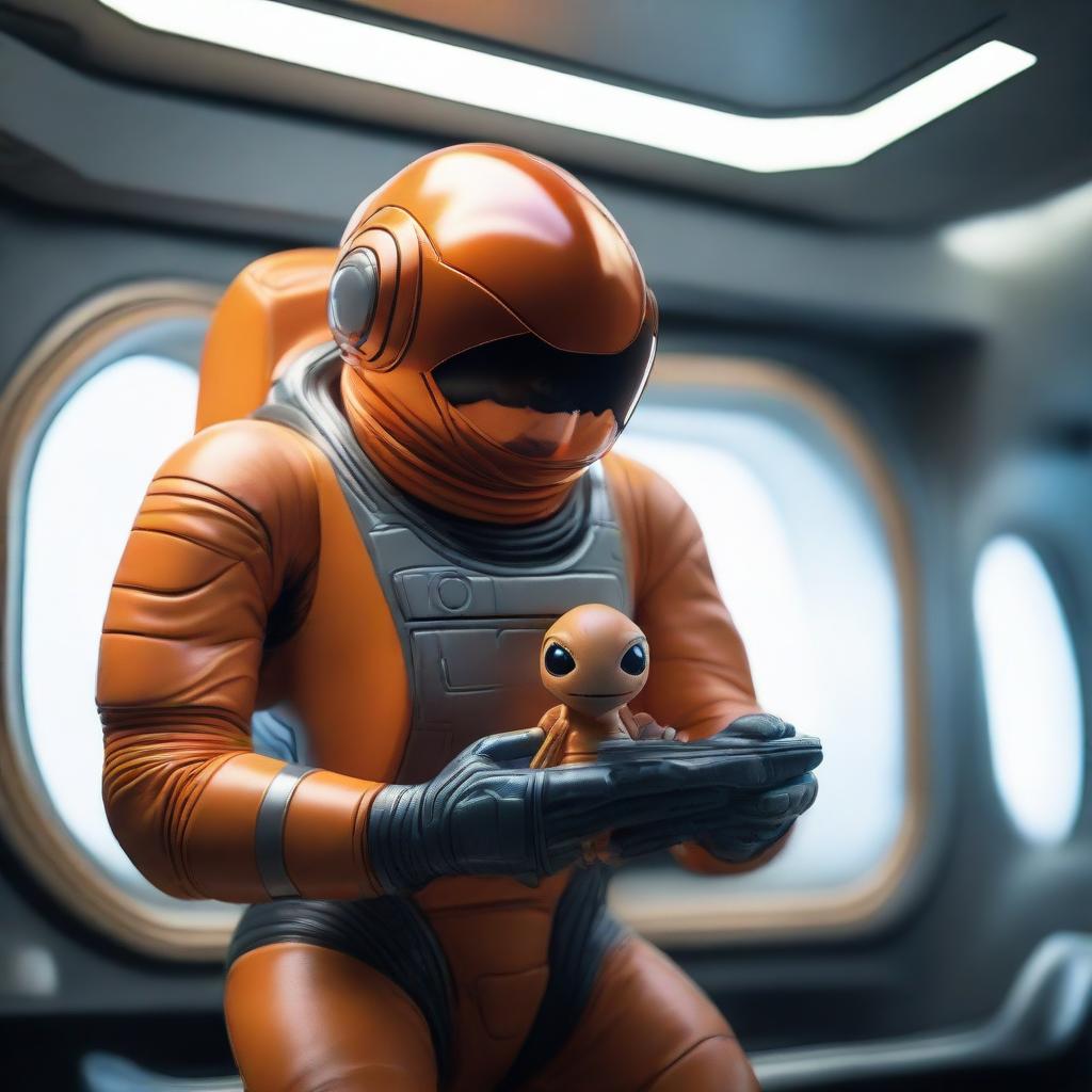 In the interior of a futuristic spaceship, an adult human astronaut in a space-age suit gracefully cradles a miniature, orange alien creature in the palm of their sturdy hand.