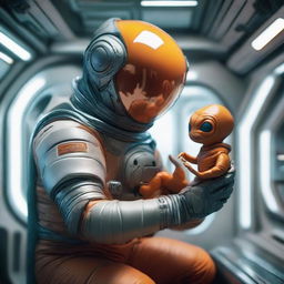 In the interior of a futuristic spaceship, an adult human astronaut in a space-age suit gracefully cradles a miniature, orange alien creature in the palm of their sturdy hand.