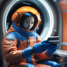 A hyper-realistic image of a human in a vibrant blue spacesuit aboard a high-tech spaceship, cradling in their palm a small, intriguing orange alien creature.