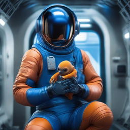 A hyper-realistic image of a human in a vibrant blue spacesuit aboard a high-tech spaceship, cradling in their palm a small, intriguing orange alien creature.