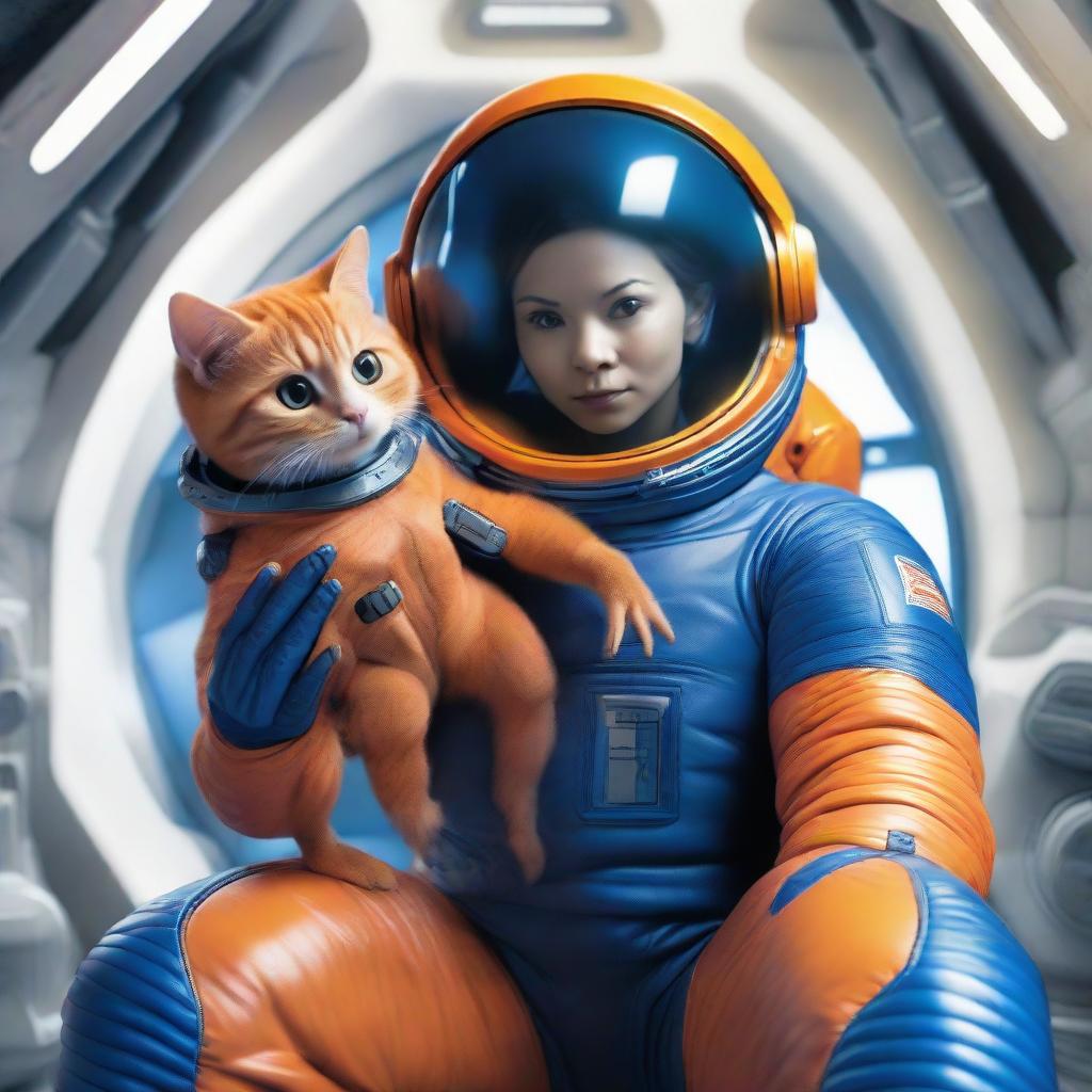 A hyper-realistic image of a human in a vibrant blue spacesuit aboard a high-tech spaceship, cradling in their palm a small, intriguing orange alien creature.