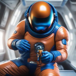 A hyper-realistic image of a human in a vibrant blue spacesuit aboard a high-tech spaceship, cradling in their palm a small, intriguing orange alien creature.