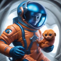 A hyper-realistic image of a human in a vibrant blue spacesuit aboard a high-tech spaceship, cradling in their palm a small, intriguing orange alien creature.