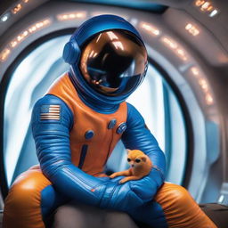 A hyper-realistic image of a human in a vibrant blue spacesuit aboard a high-tech spaceship, cradling in their palm a small, intriguing orange alien creature.