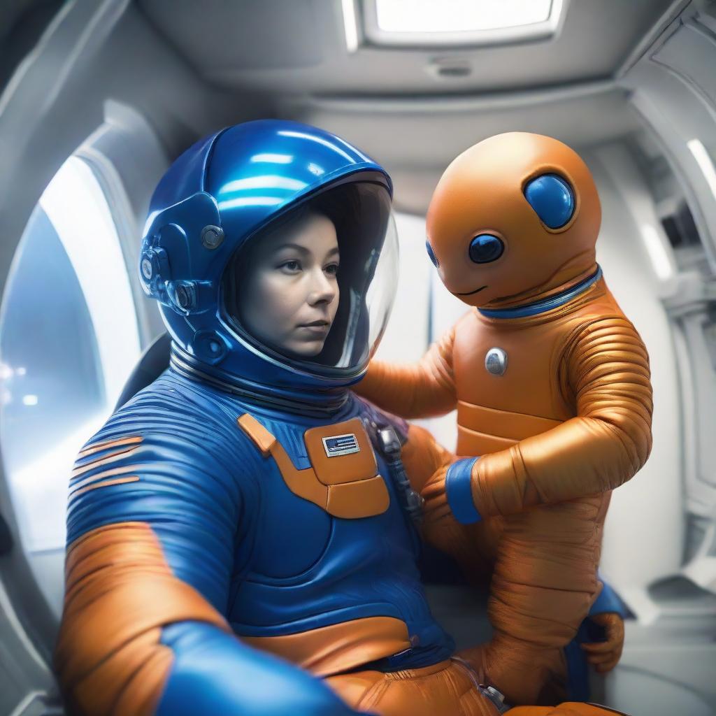 A hyper-realistic image of a human in a vibrant blue spacesuit aboard a high-tech spaceship, cradling in their palm a small, intriguing orange alien creature.