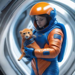 A hyper-realistic image of a human in a vibrant blue spacesuit aboard a high-tech spaceship, cradling in their palm a small, intriguing orange alien creature.