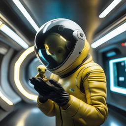 Inside a futuristic spaceship, an adult human wearing a space-age suit tenderly holds a tiny, bright yellow alien creature in the palm of their hand, reflecting a scene of interstellar compassion and curiosity.