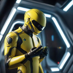 Inside a futuristic spaceship, an adult human wearing a space-age suit tenderly holds a tiny, bright yellow alien creature in the palm of their hand, reflecting a scene of interstellar compassion and curiosity.