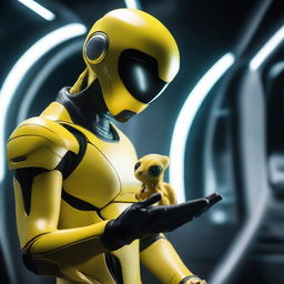 Inside a futuristic spaceship, an adult human wearing a space-age suit tenderly holds a tiny, bright yellow alien creature in the palm of their hand, reflecting a scene of interstellar compassion and curiosity.