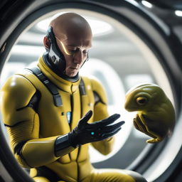 Inside a futuristic spaceship, an adult human wearing a space-age suit tenderly holds a tiny, bright yellow alien creature in the palm of their hand, reflecting a scene of interstellar compassion and curiosity.