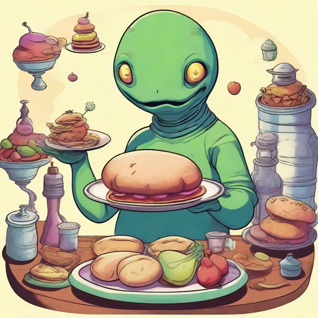 A scene featuring a large, rotund alien, jovial and friendly, presenting a tray of unusual, otherworldly foods as an offering to intrigued, yet delighted humans.