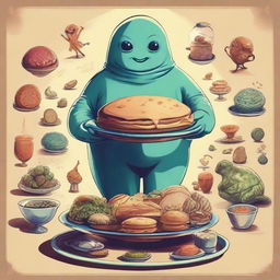 A scene featuring a large, rotund alien, jovial and friendly, presenting a tray of unusual, otherworldly foods as an offering to intrigued, yet delighted humans.