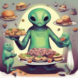 A scene featuring a large, rotund alien, jovial and friendly, presenting a tray of unusual, otherworldly foods as an offering to intrigued, yet delighted humans.