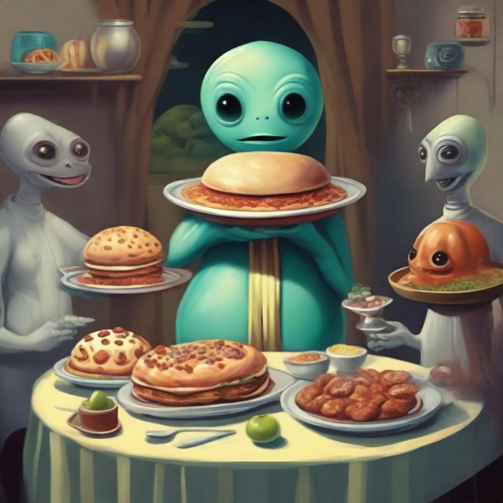 A scene featuring a large, rotund alien, jovial and friendly, presenting a tray of unusual, otherworldly foods as an offering to intrigued, yet delighted humans.