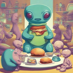 A whimsical scene featuring a large, plump alien displaying a warm, friendly demeanor, offering a variety of odd yet captivating alien food to a group of humans.