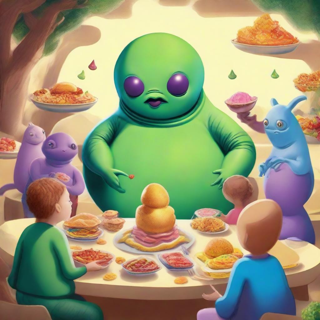 A whimsical scene featuring a large, plump alien displaying a warm, friendly demeanor, offering a variety of odd yet captivating alien food to a group of humans.