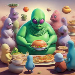 A whimsical scene featuring a large, plump alien displaying a warm, friendly demeanor, offering a variety of odd yet captivating alien food to a group of humans.