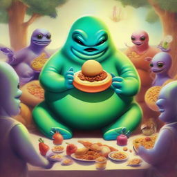 A whimsical scene featuring a large, plump alien displaying a warm, friendly demeanor, offering a variety of odd yet captivating alien food to a group of humans.