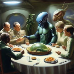 A hyperrealistic scene of an intergalactic peace treaty being sealed, wherein a large, genial alien is generously offering a bizarre, intriguing selection of alien food to a group of human delegates.